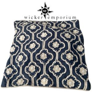 Set of Two Blue Cotton Pillow Covers: One with Crochet Flowers & Button Accent